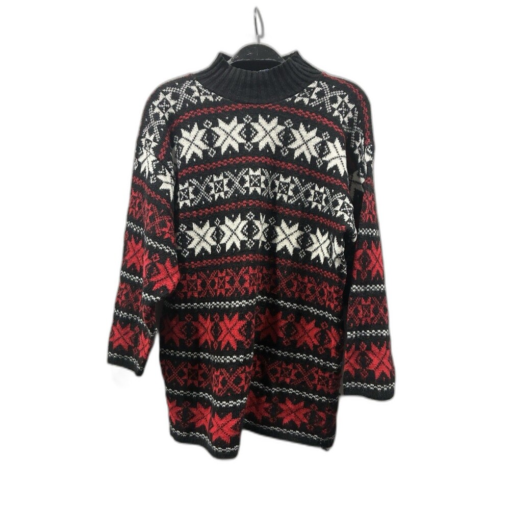 Vintage Nordic Snowflake Sweater M Red Black White Mock Neck USA Made Knit